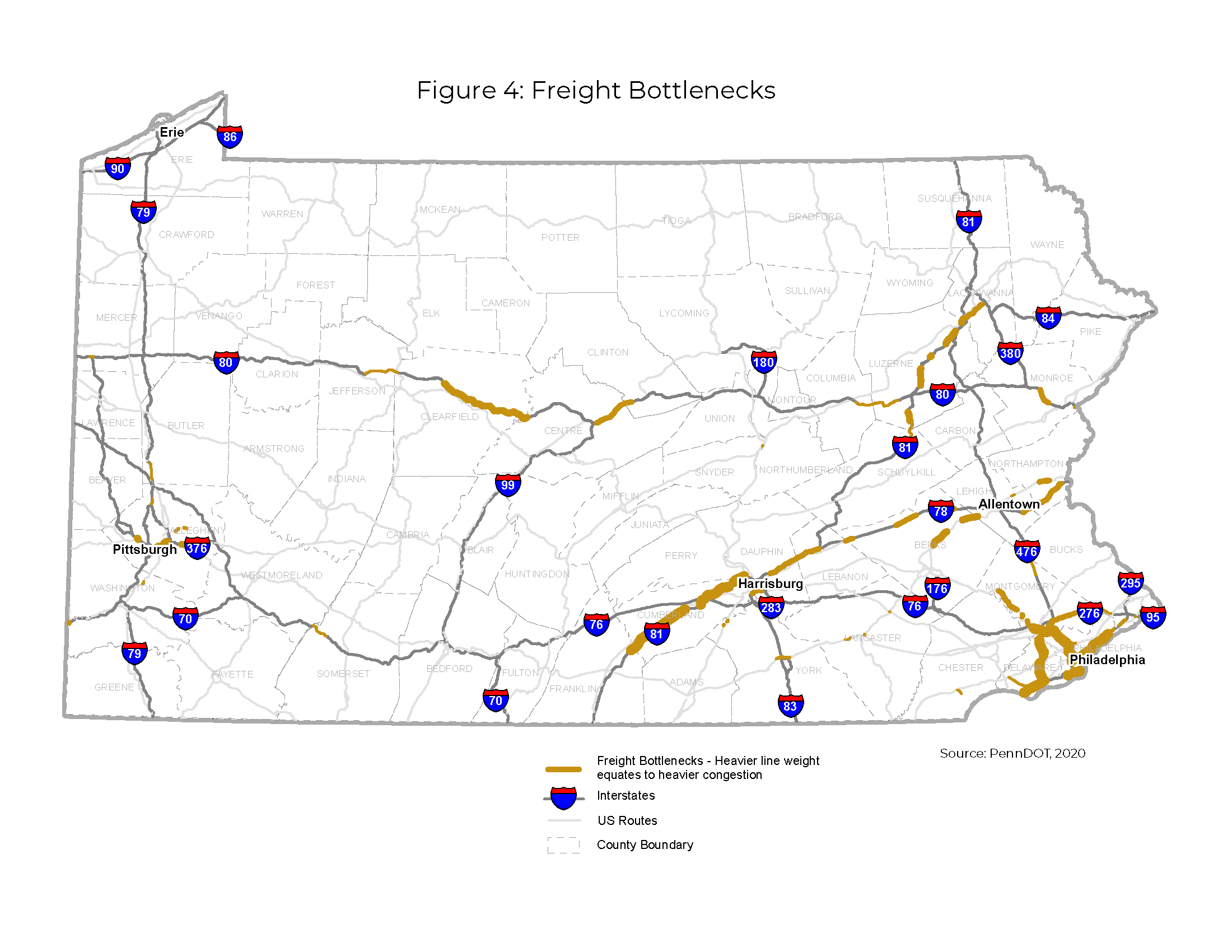 Figure 4 is a state map of Pennsylvania illustrating the Freight Bottlenecks with heavy lines to indicate heavy congestion.